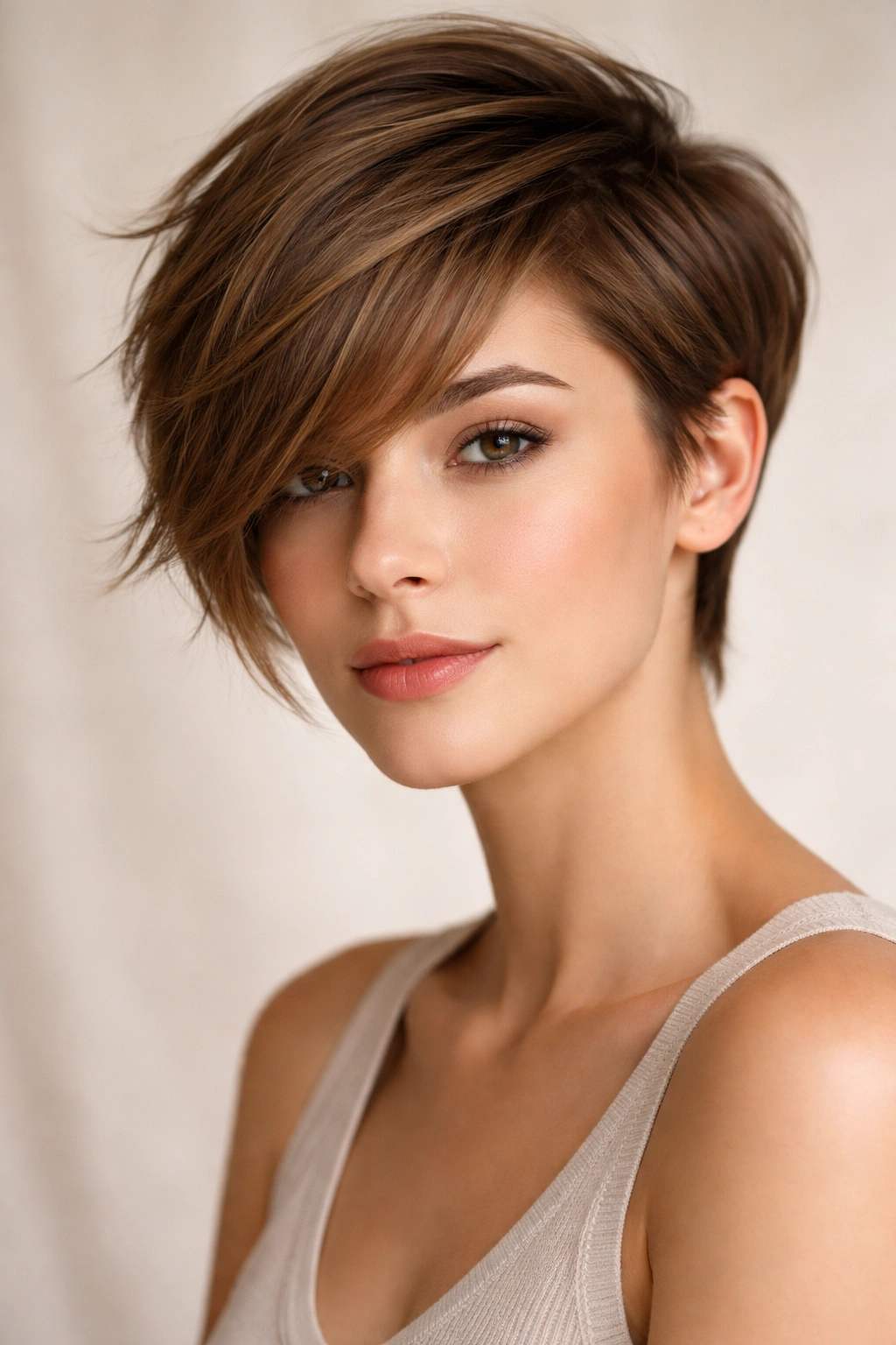 10 Longer Pixie Cuts With A Soft Feminine Feel 2 Portrait of grown-out side-swept pixie with long asymmetrical side