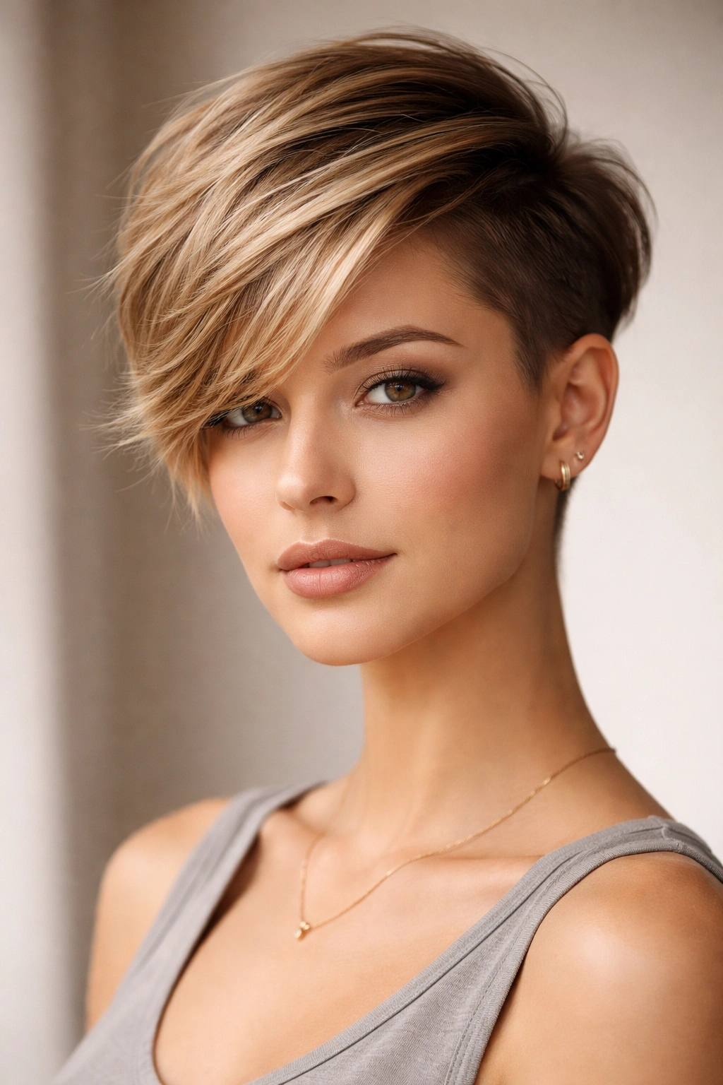 25 Short Haircuts Women Can T Stop Asking For 20 Portrait of a person with a side-swept pixie showing dramatic asymmetry.