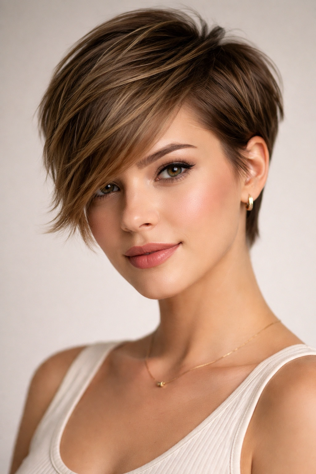 Side-swept pixie bang with long front section