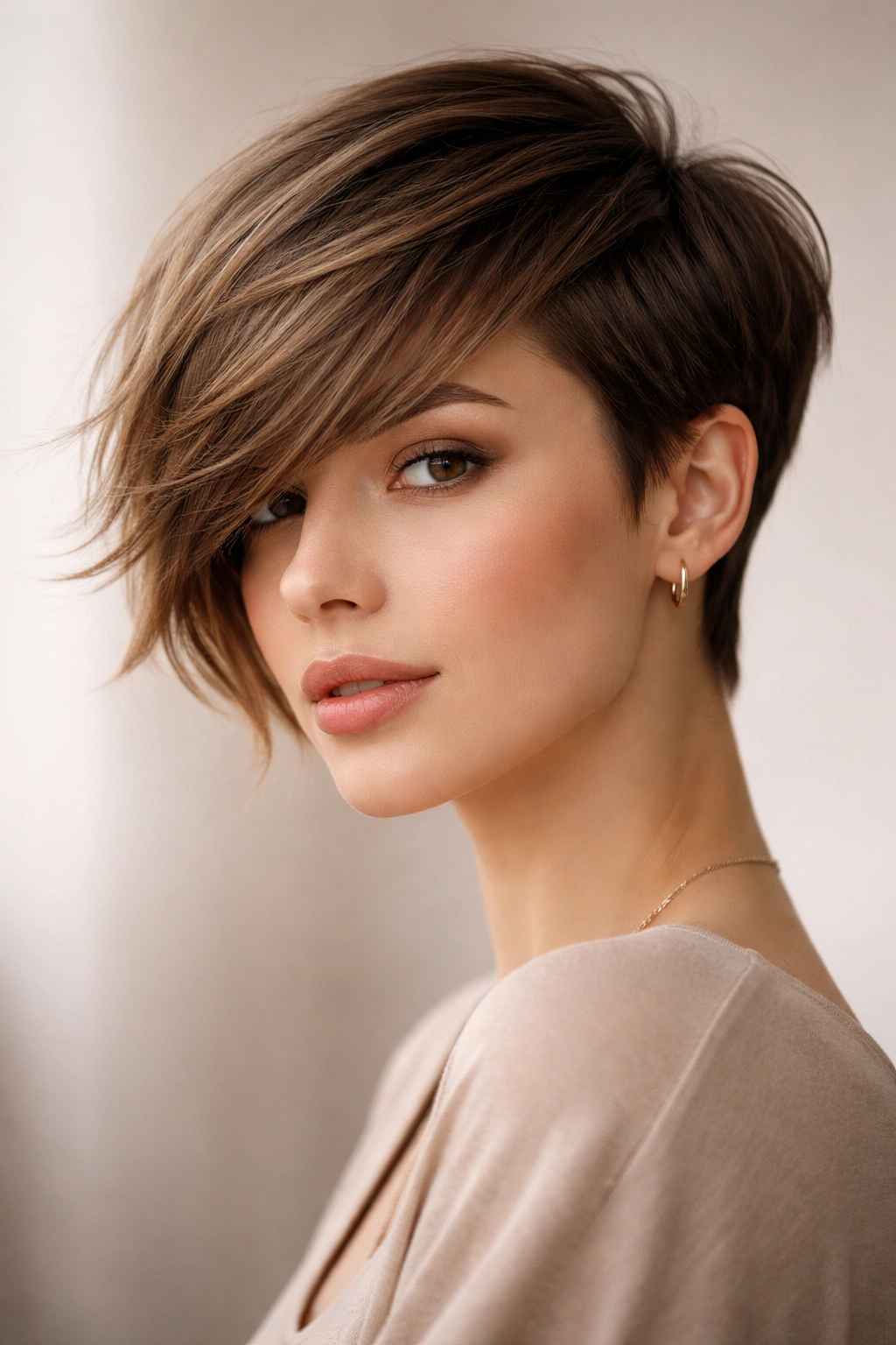Close-up of a person with a long side-swept pixie bangs hairstyle, with longer front and shorter back.