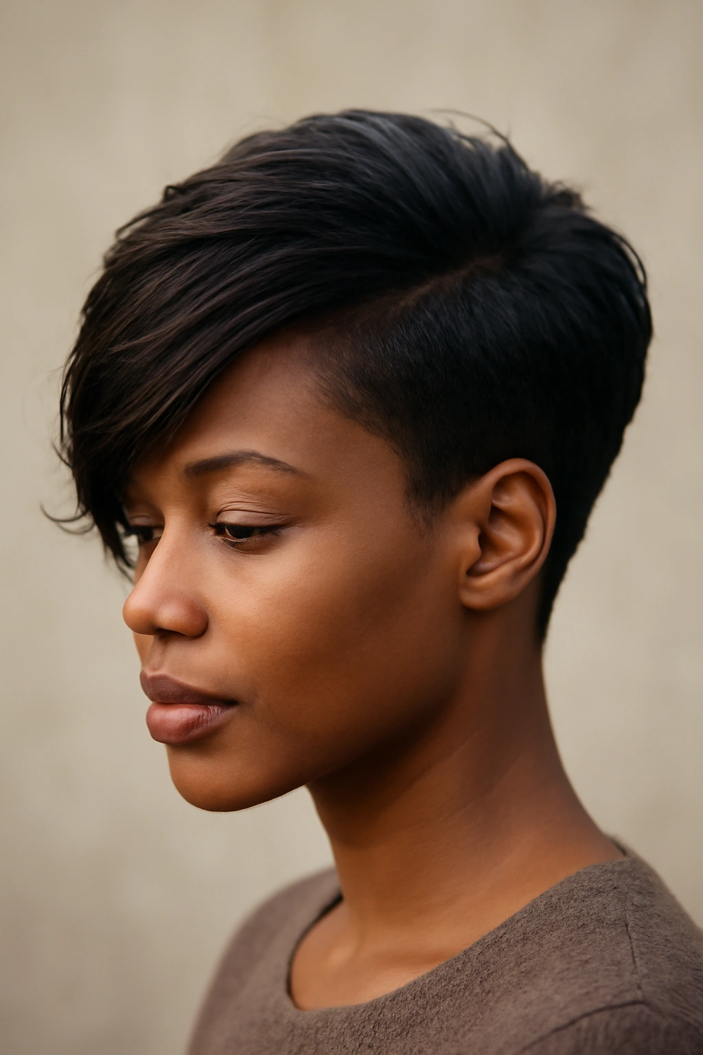 30 Short Haircuts for Black Women 9 Portrait of a Black woman with a side-swept tapered pixie