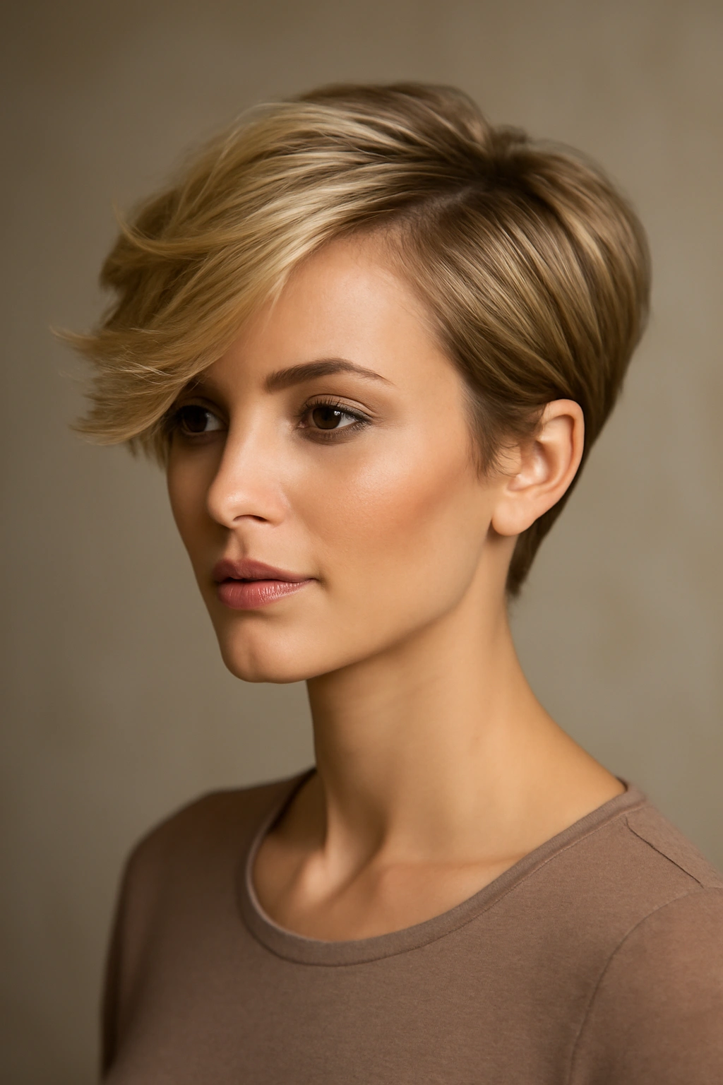 15 Short Blonde Haircuts to Bring to Your Next Appointment 9 Portrait of a blonde side-swept pixie with a longer swept top