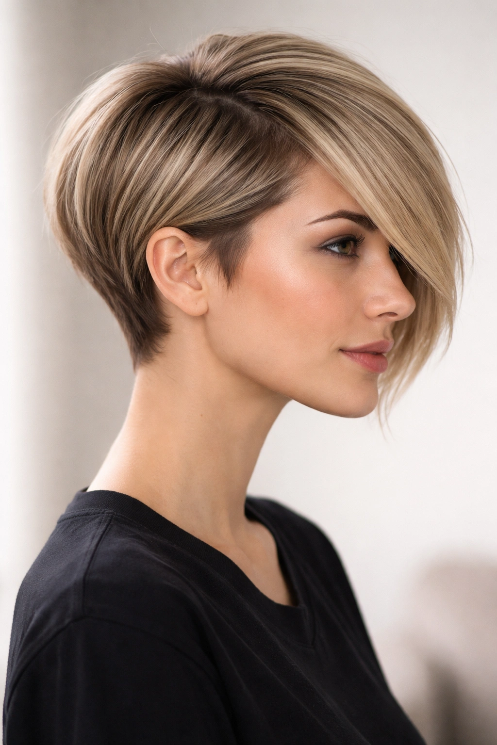 Profile of side-swept pixie-bob with short back and longer side.