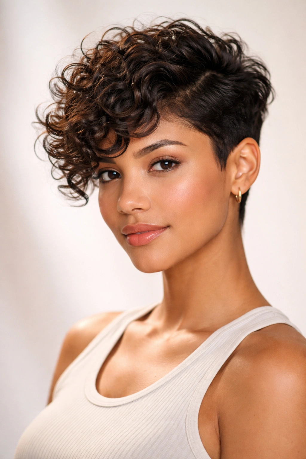 Close-up of a side-swept curly pixie showing curl definition
