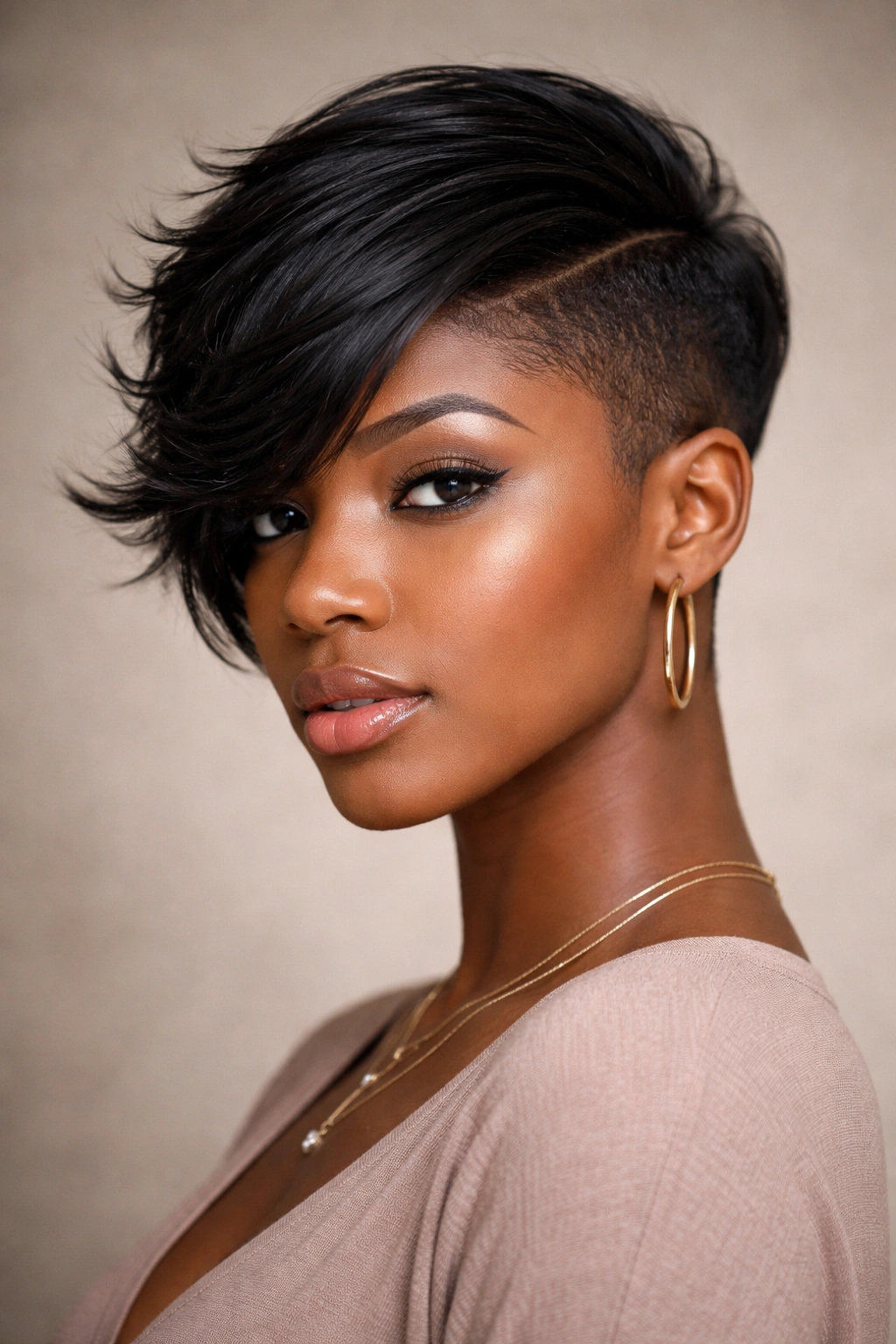 Angled portrait of an asymmetrical side-swept pixie fade with a longer top