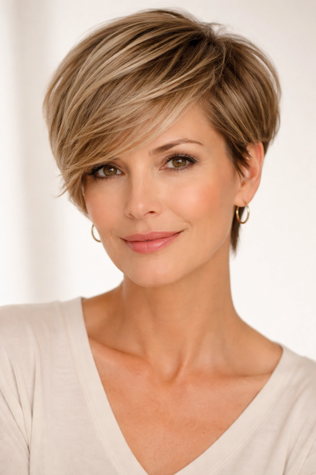 Side-swept pixie hairstyle with longer side swept bangs and soft fringe