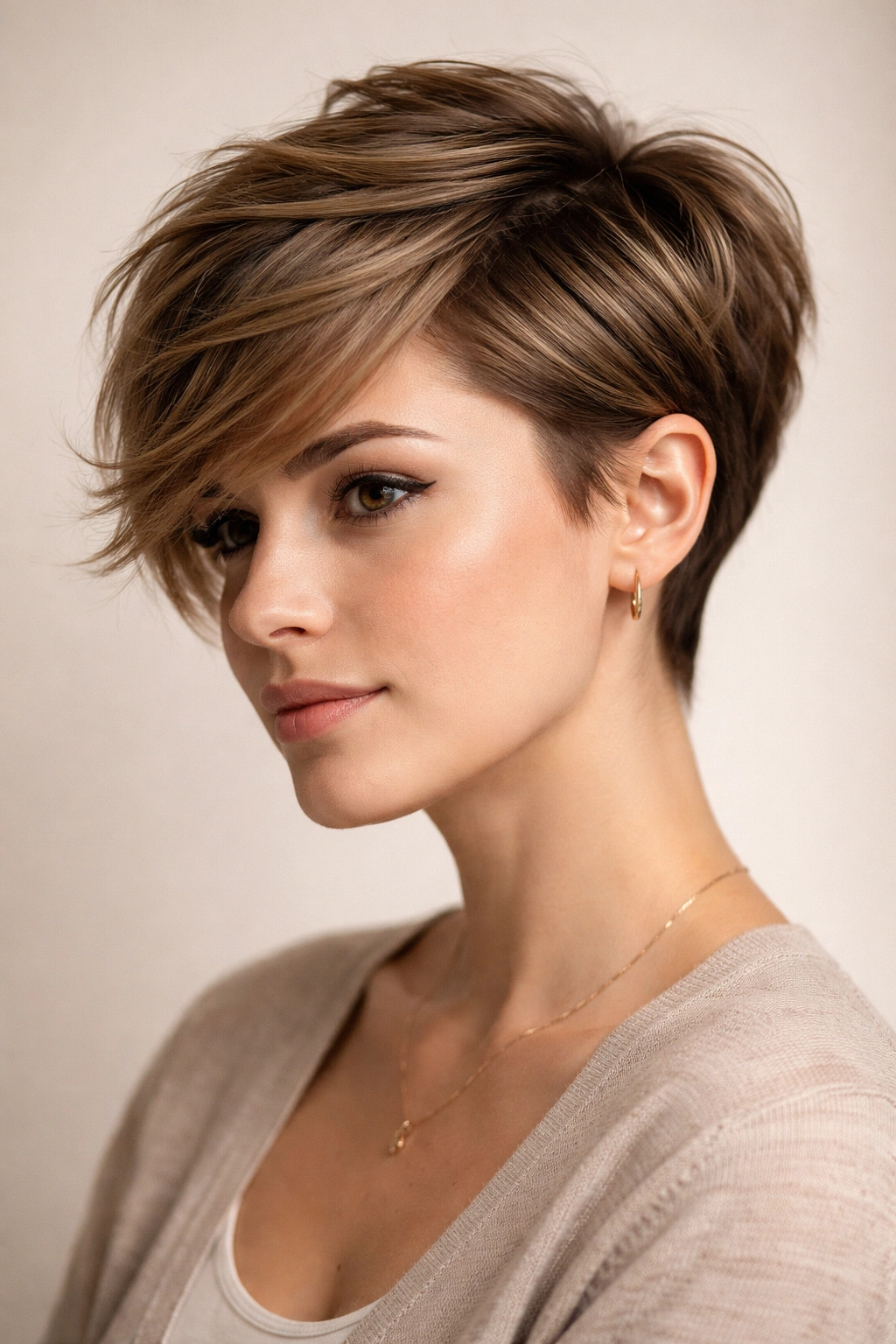 Close-up of a side-swept pixie with longer top swept to one side