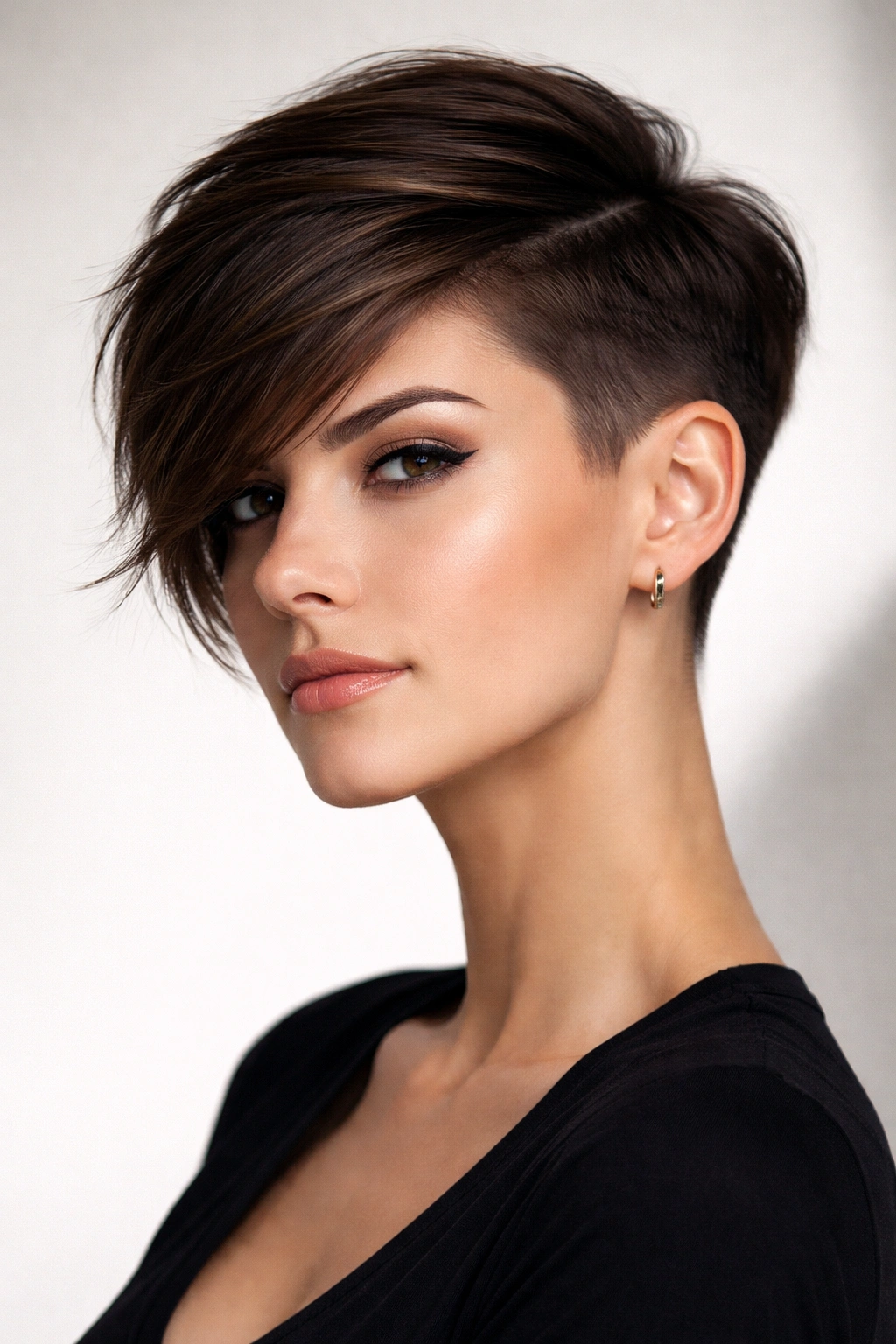 Portrait of a side-swept pixie showing asymmetric length and swept crown.