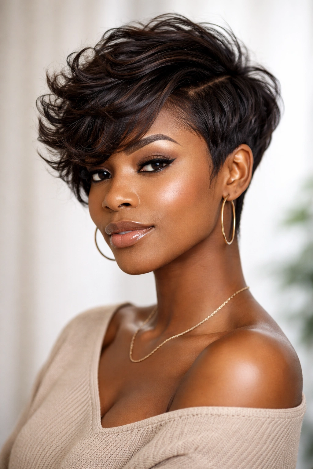 Side-swept layered pixie on a Black woman