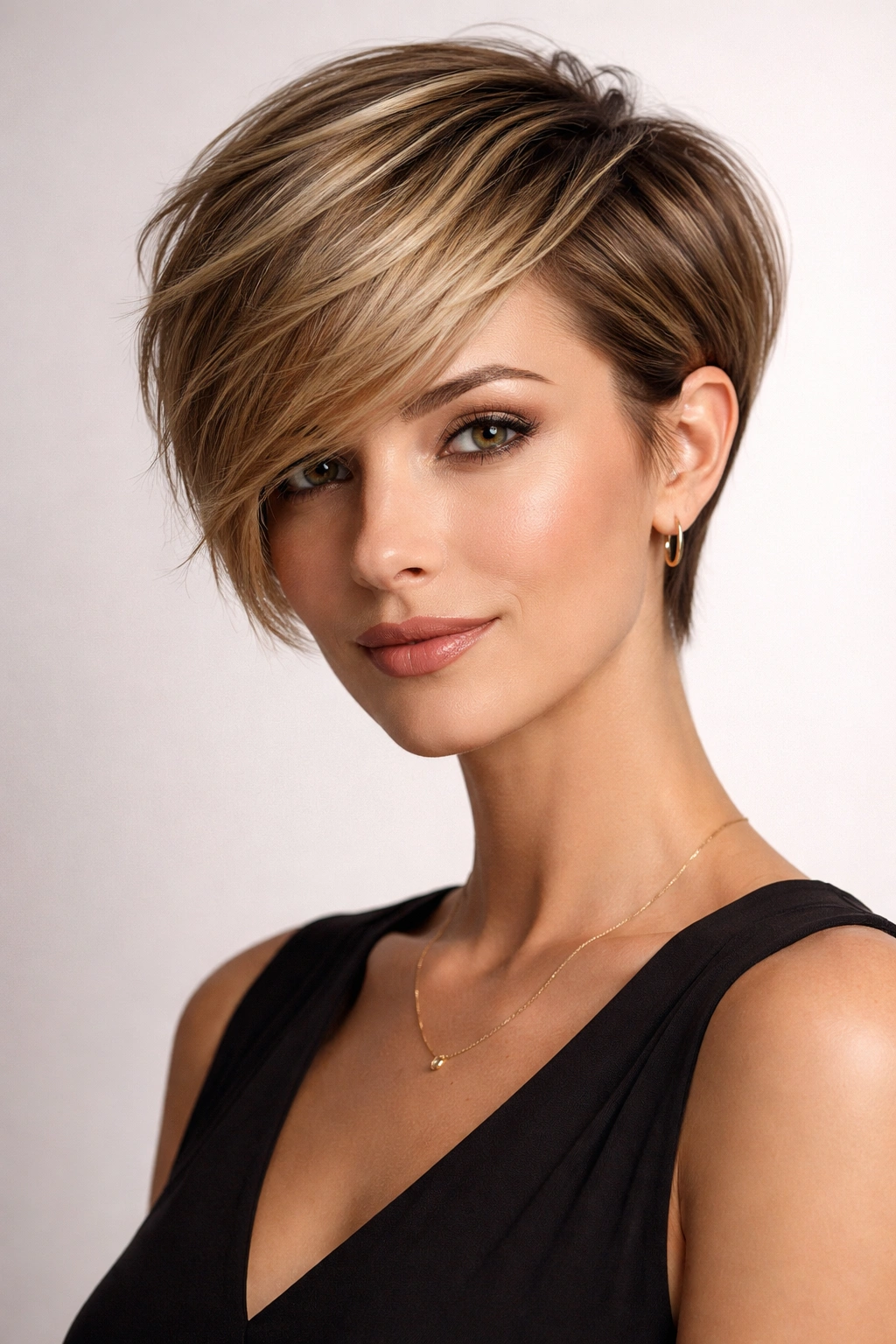 Asymmetric side-swept pixie with longer top and side swept across forehead