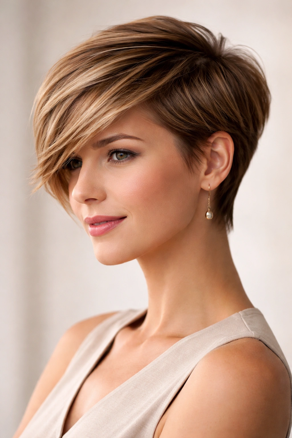 Side-swept pixie with longer side swept across face.