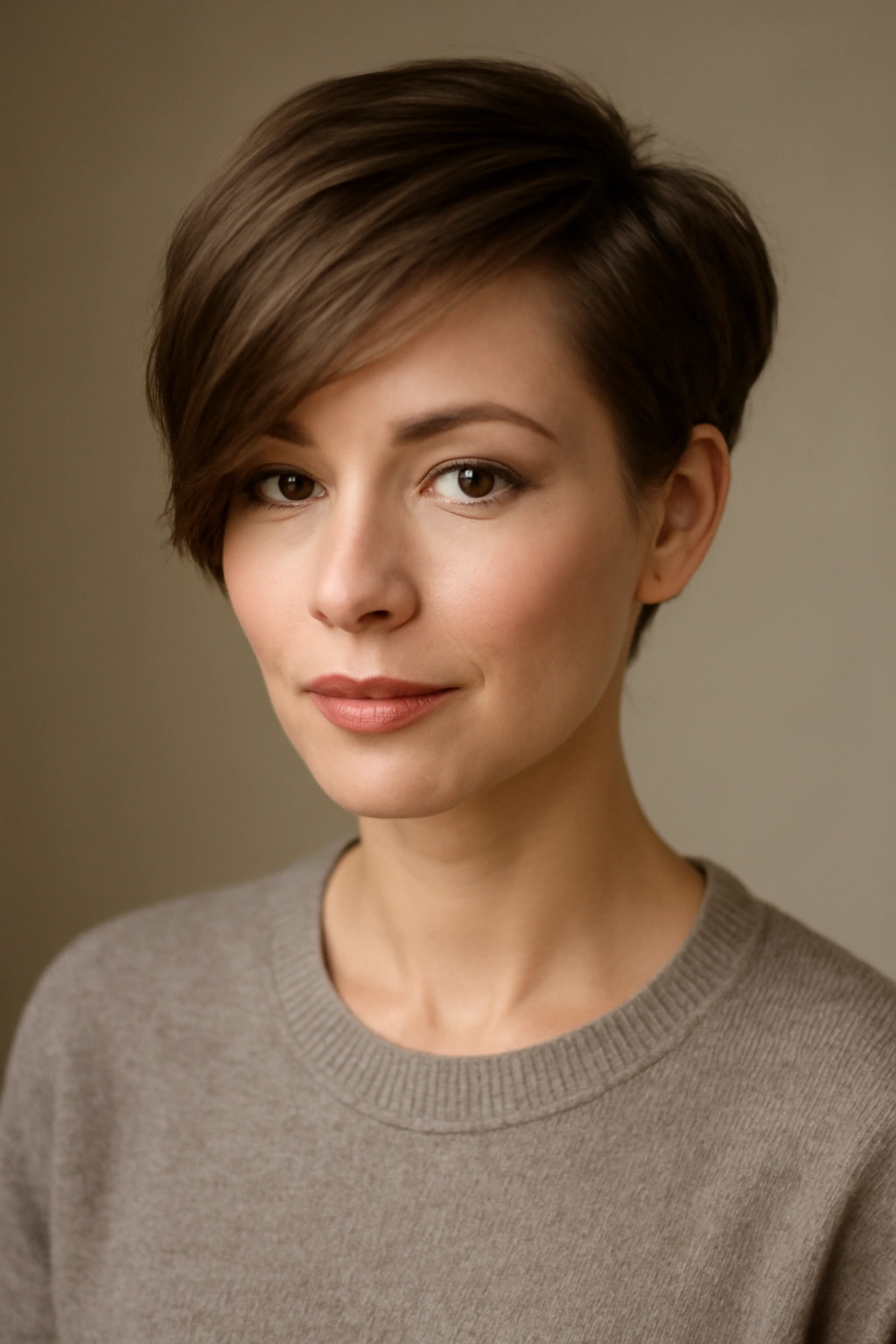 Portrait of a person with a side-swept pixie showing an asymmetrical longer side on one direction in a soft studio