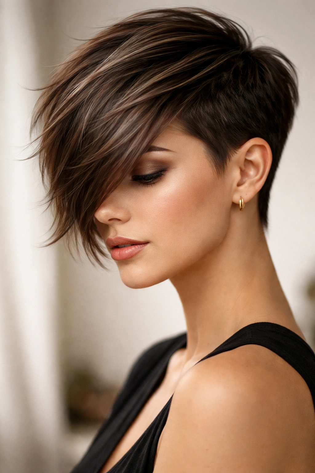 12 Boyish Short Haircuts Women Keep Asking For 8 Side-swept pixie with long top sweeping over one eye in a studio portrait