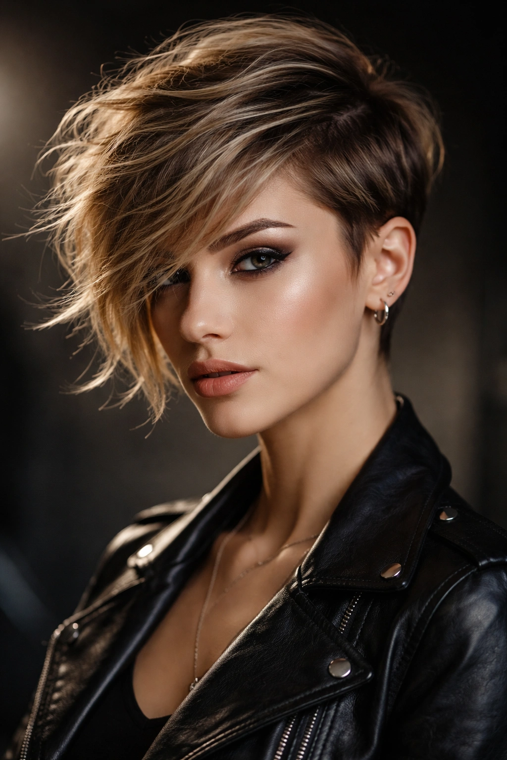 Side-swept textured pixie with asymmetrical length