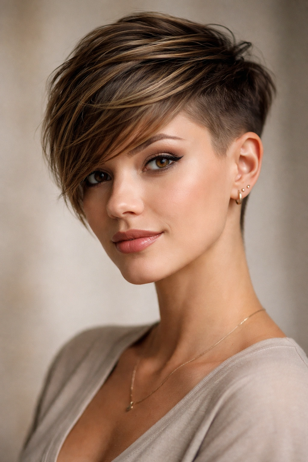 12 Pixie Haircuts With Bangs For Round Faces 3 Portrait of side-swept bangs pixie with undercut fade showing diagonal bangs