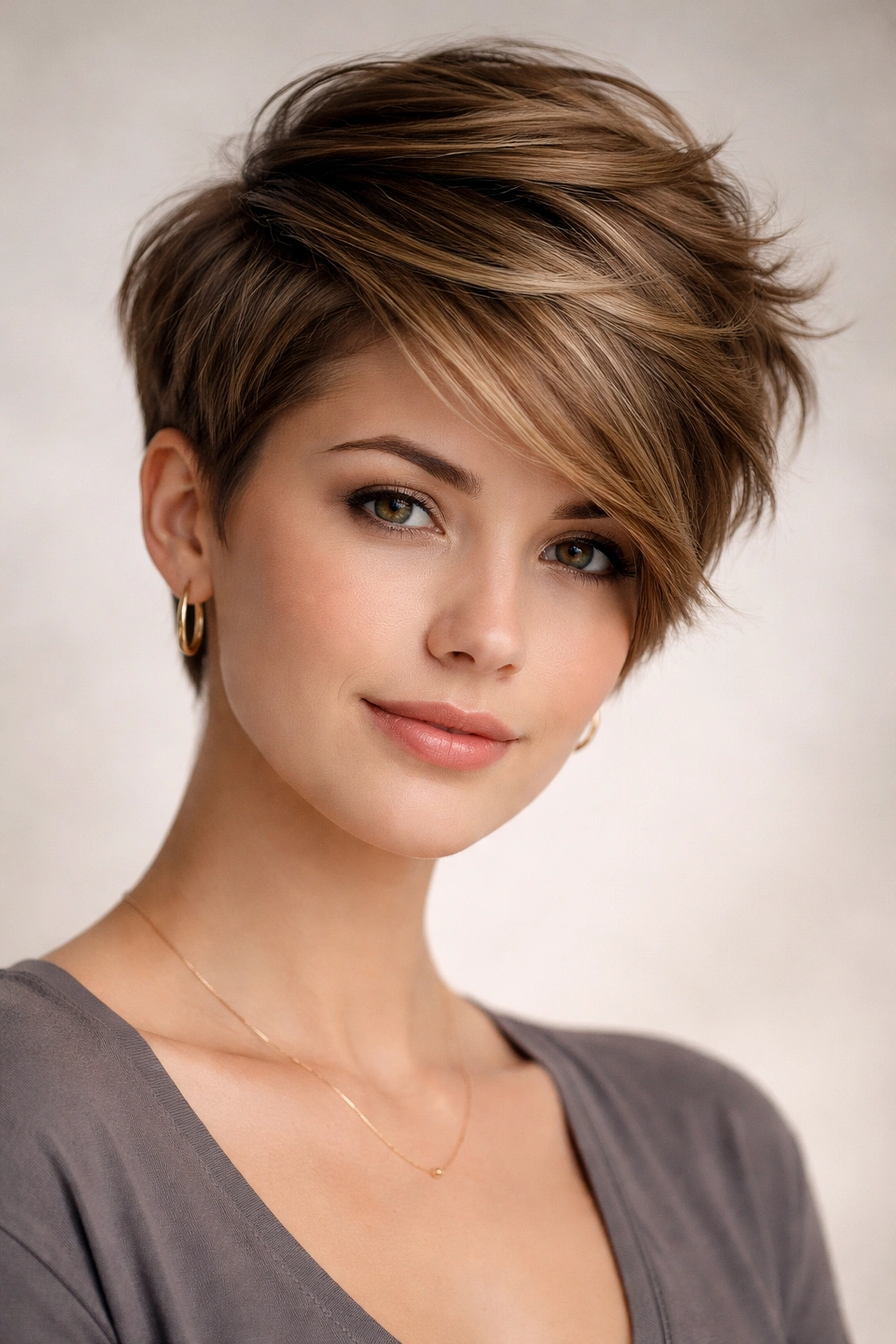 Side-swept pixie with volume swept diagonally across the crown