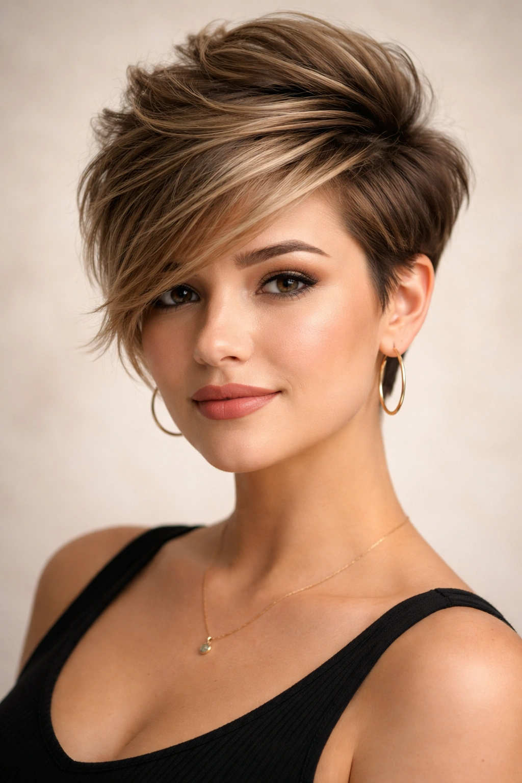 12 Pixie Cuts That Look Great On Rounder Faces 2 Portrait of side-swept pixie with volume on top and asymmetrical length.