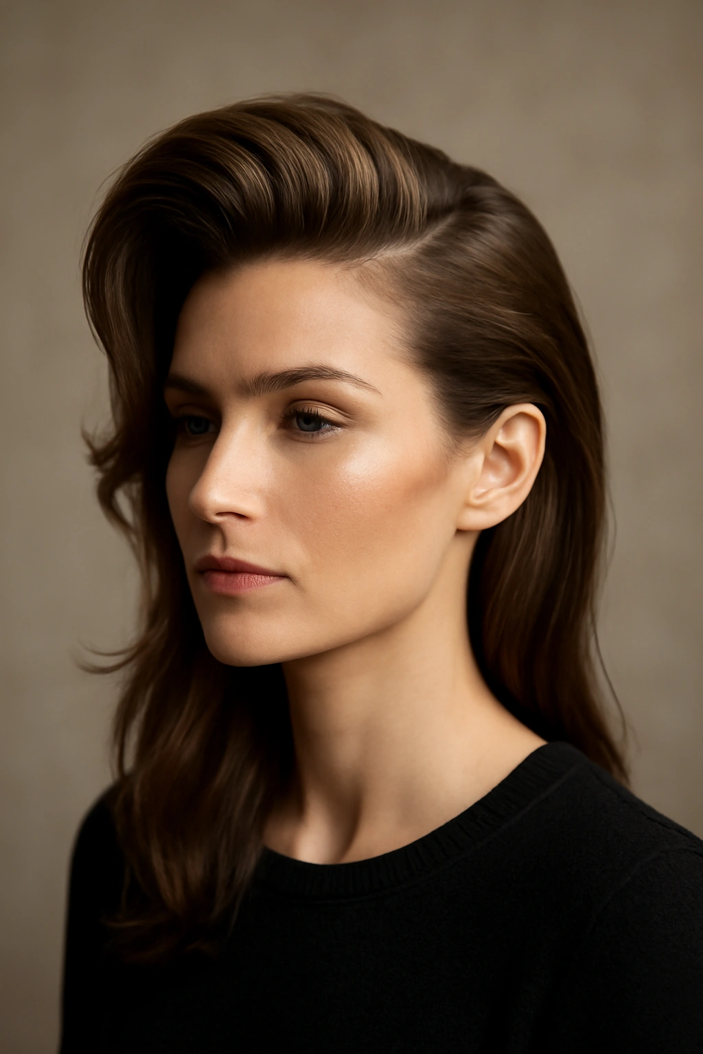 10 Pompadour Hairstyles for Women With Longer Hair 4 Portrait of a side-swept pompadour with dramatic asymmetrical silhouette.