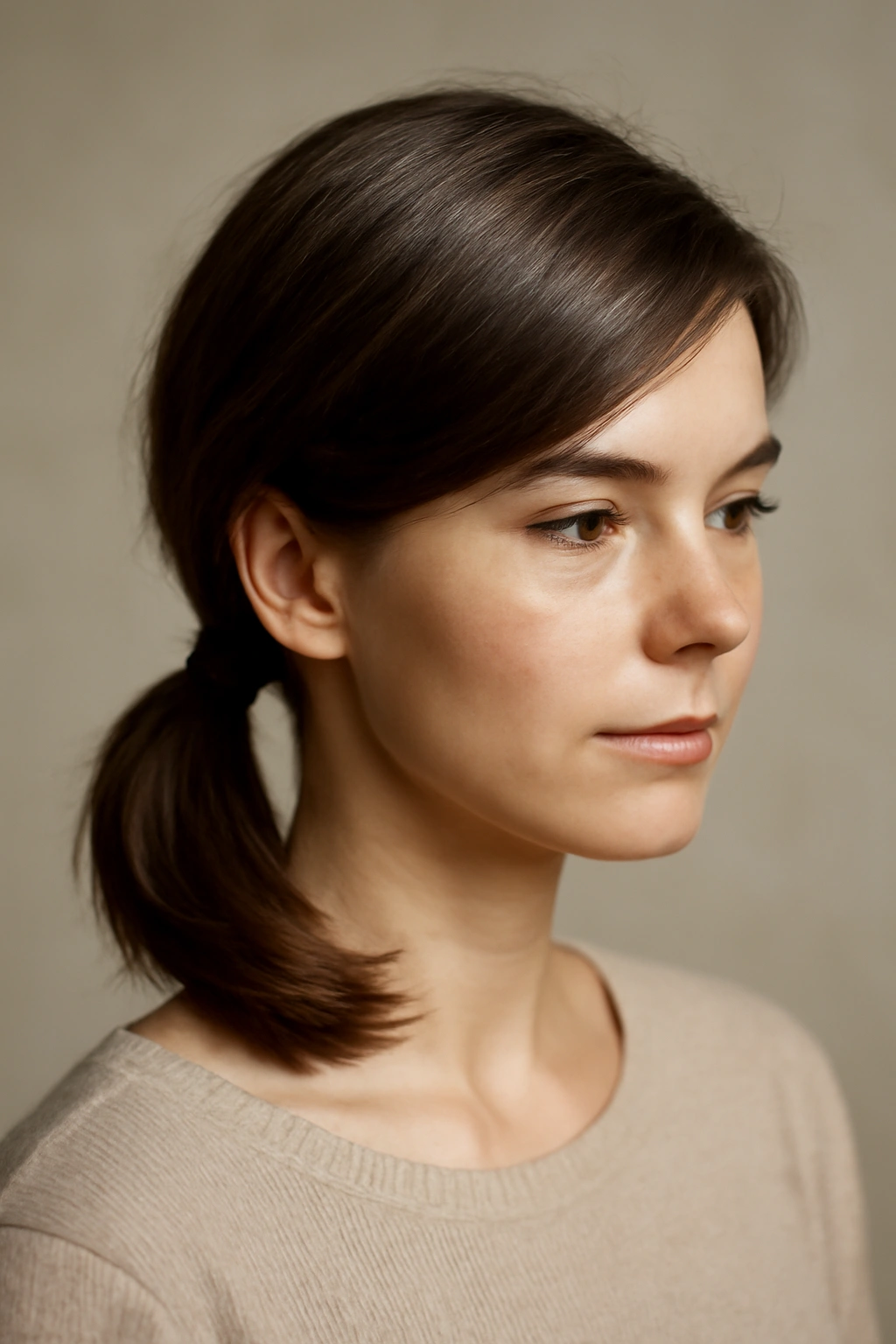 10 Short Hair Ponytail Styles That Last All Day 7 Close-up of a short-haired model with a low side ponytail wrapped at the base