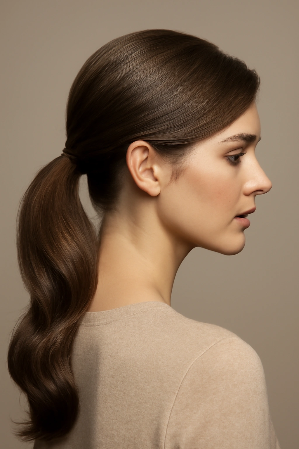 Three-quarter view of a side swept ponytail with diagonal gather