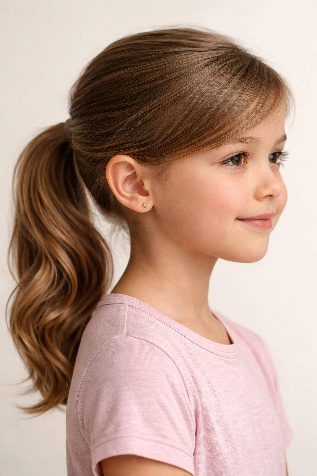 Profile view of a child with a side-swept ponytail behind the ear.
