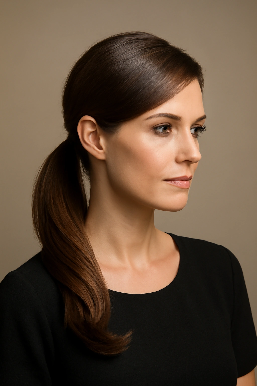 Profile view of side-swept ponytail tucked behind the ear, modern and neat.