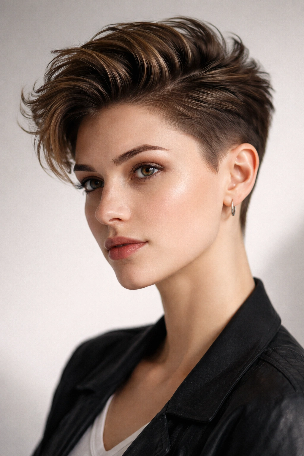 Portrait of a woman with a side-swept quiff and tapered sides
