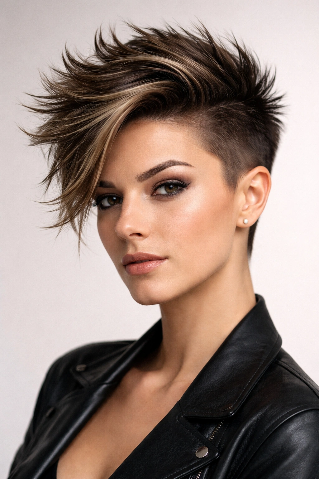 Side-swept quiff with spikes hairstyle.