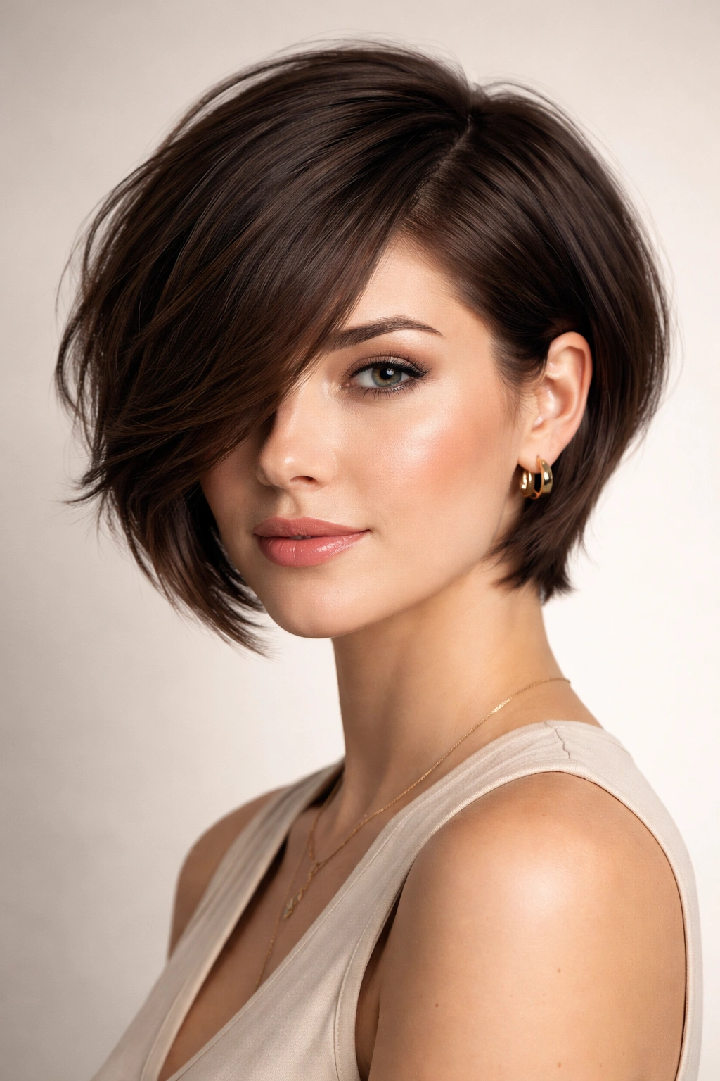 Close-up portrait of a model with a chin-length side-swept short cut.