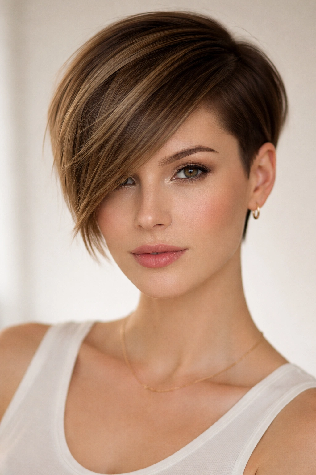 15 Short Haircuts That Work Best On Straight Hair 10 Front view of straight-haired head with longer top swept to the side for a bold, asymmetrical line