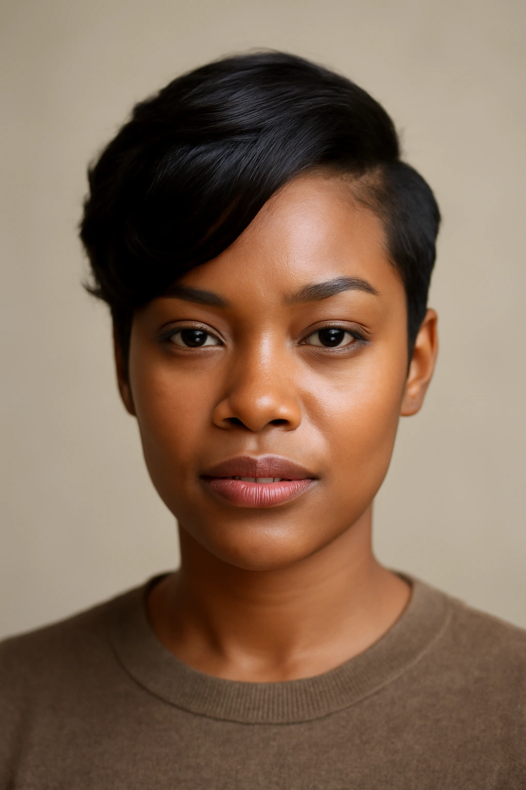 12 Short Relaxed Hairstyles Black Women Will Love 11 Head-on view of a person with a dramatic side-swept top