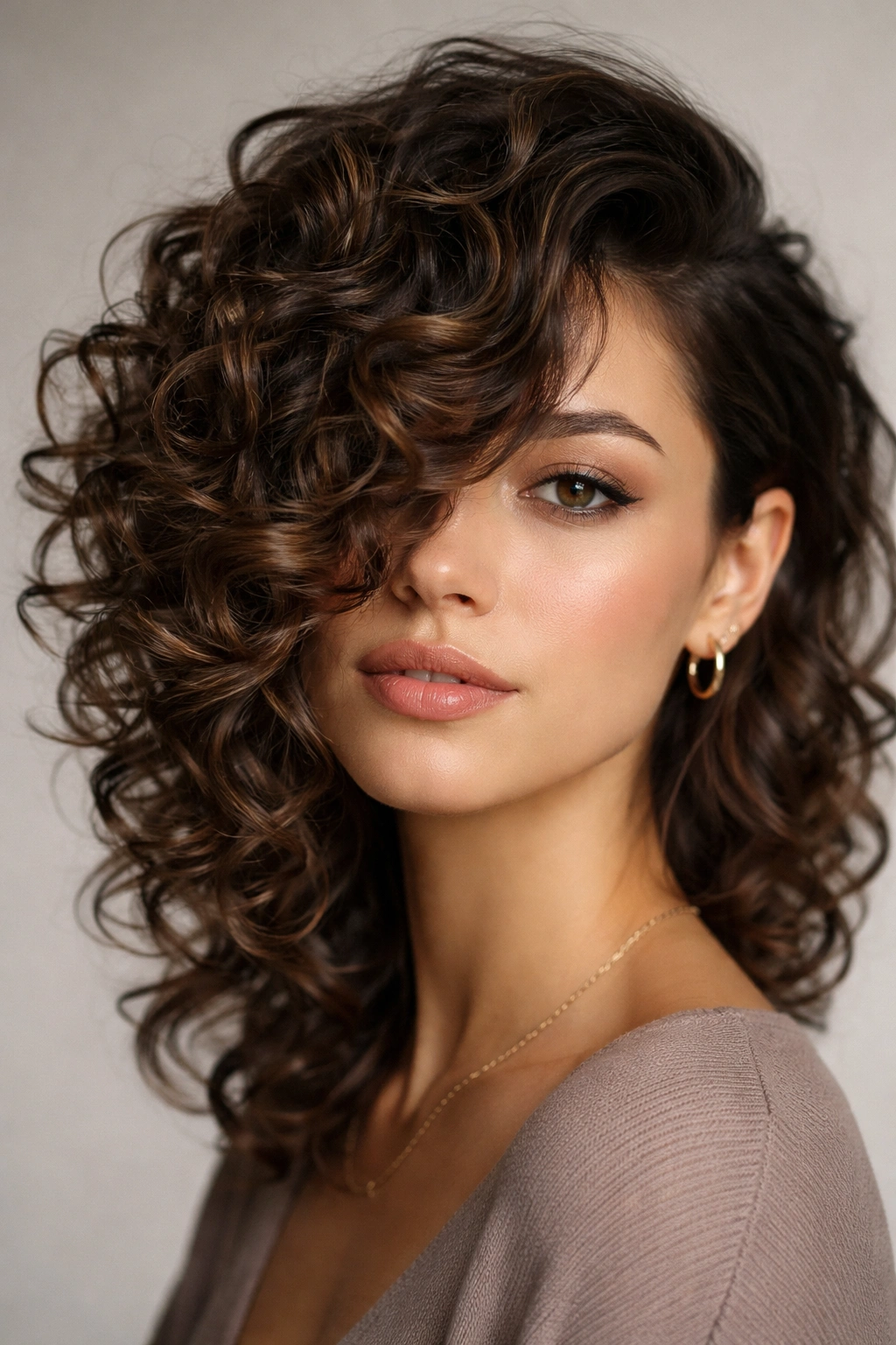 Close-up portrait with side-swept spiral fringe across the forehead