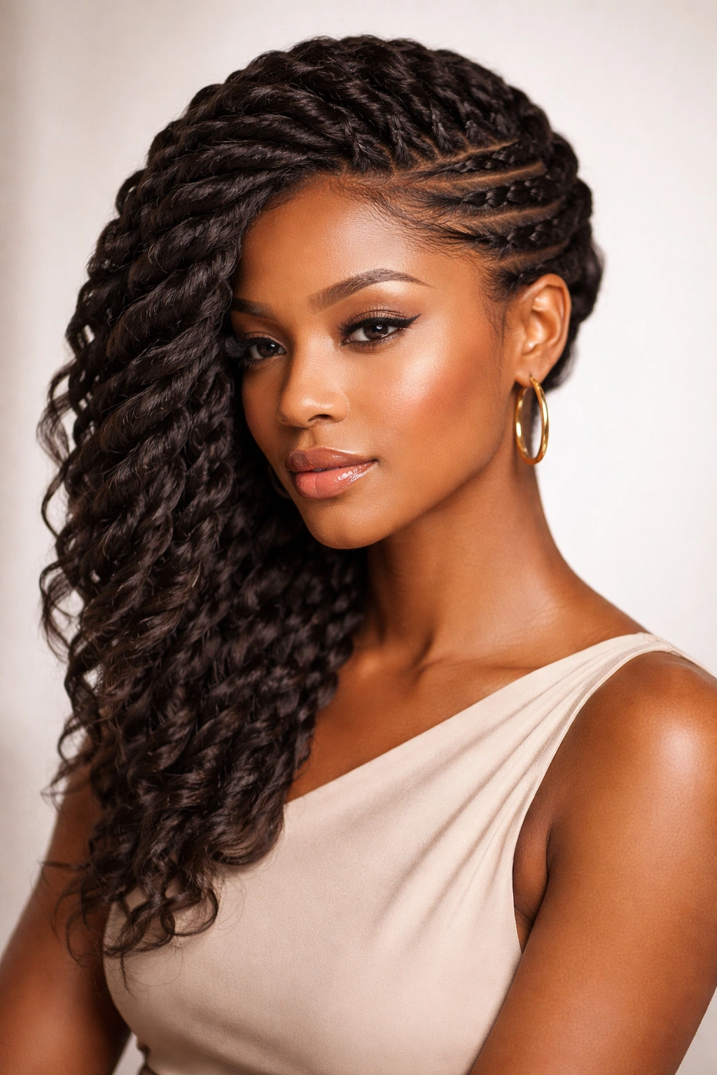 Asymmetrical side-swept flat twists on hair