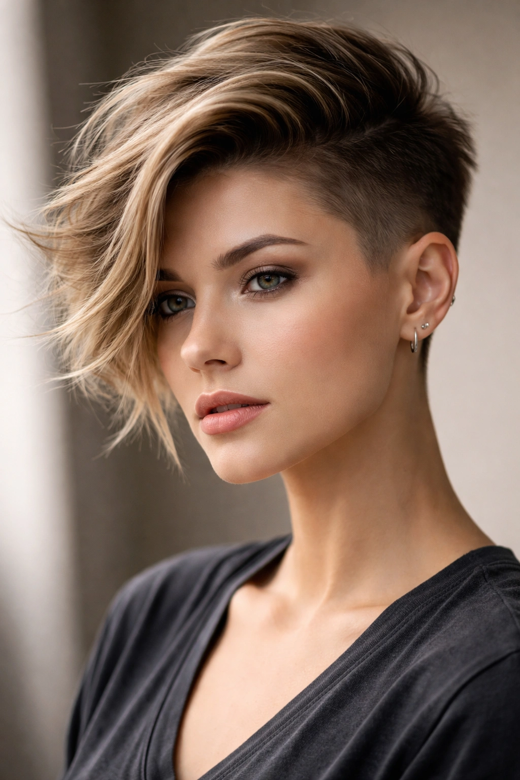 Portrait of side-swept undercut showing long top and short undercut