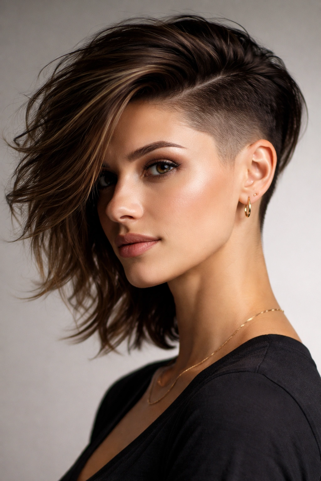 Three-quarter view of a side-swept undercut showing long top and tapered side