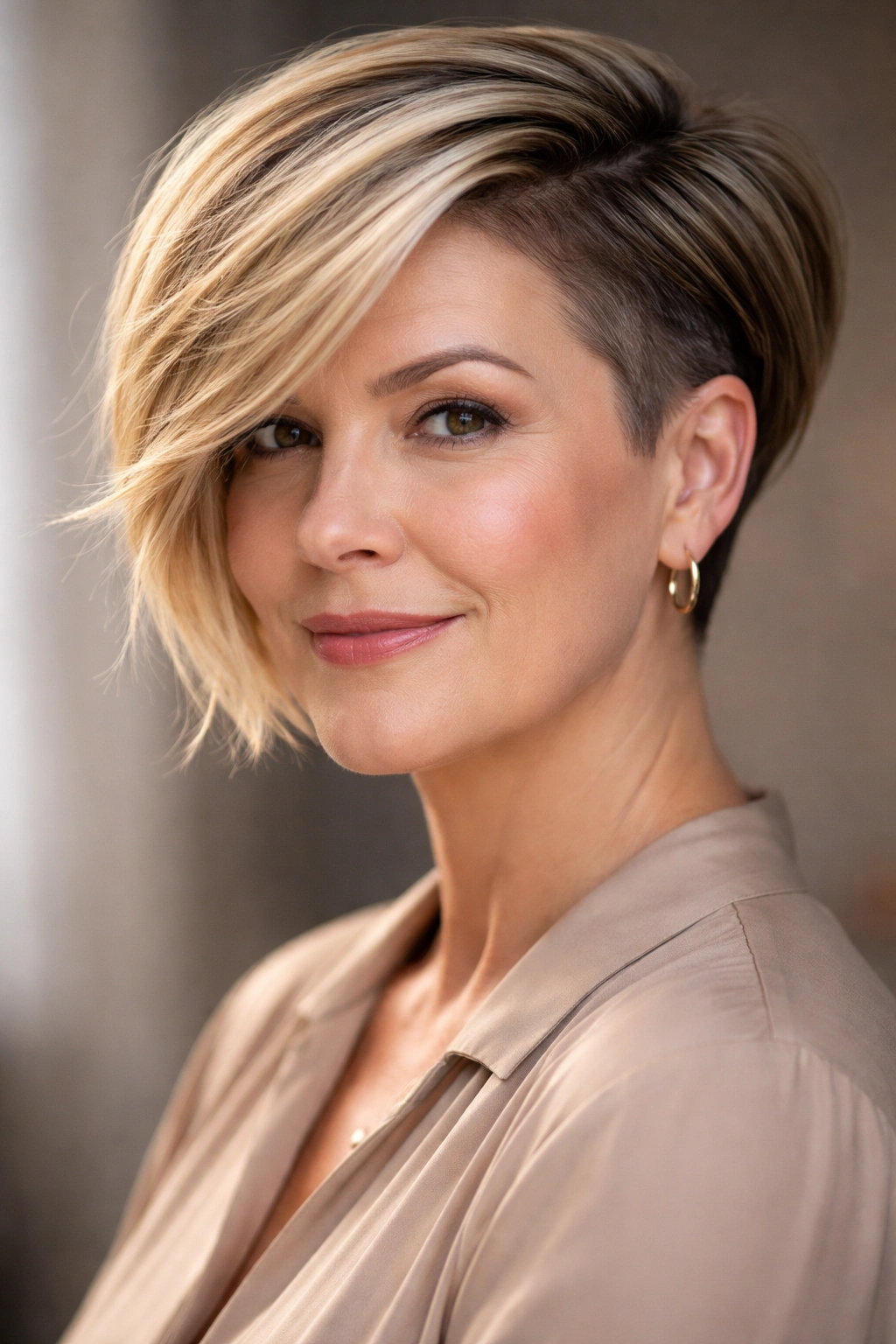 12 Short Hairstyles For Round Faces Over 50 4 Portrait of a round-faced person with an undercut bob and side-swept top