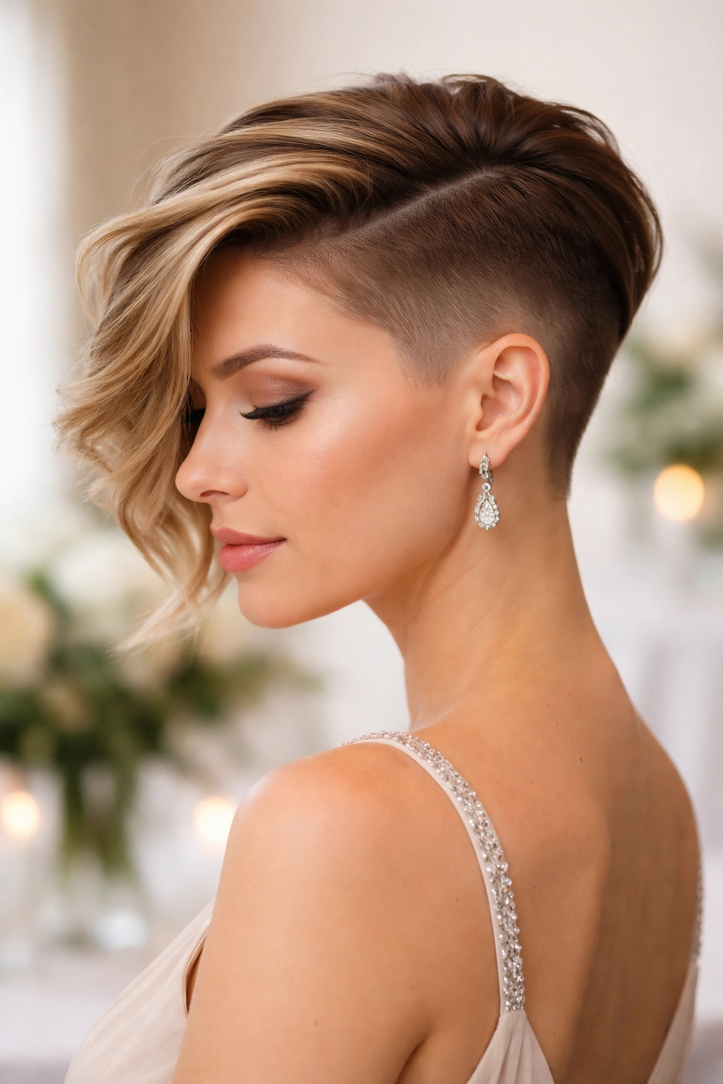 Side-swept top over an undercut on short hair, profile view.