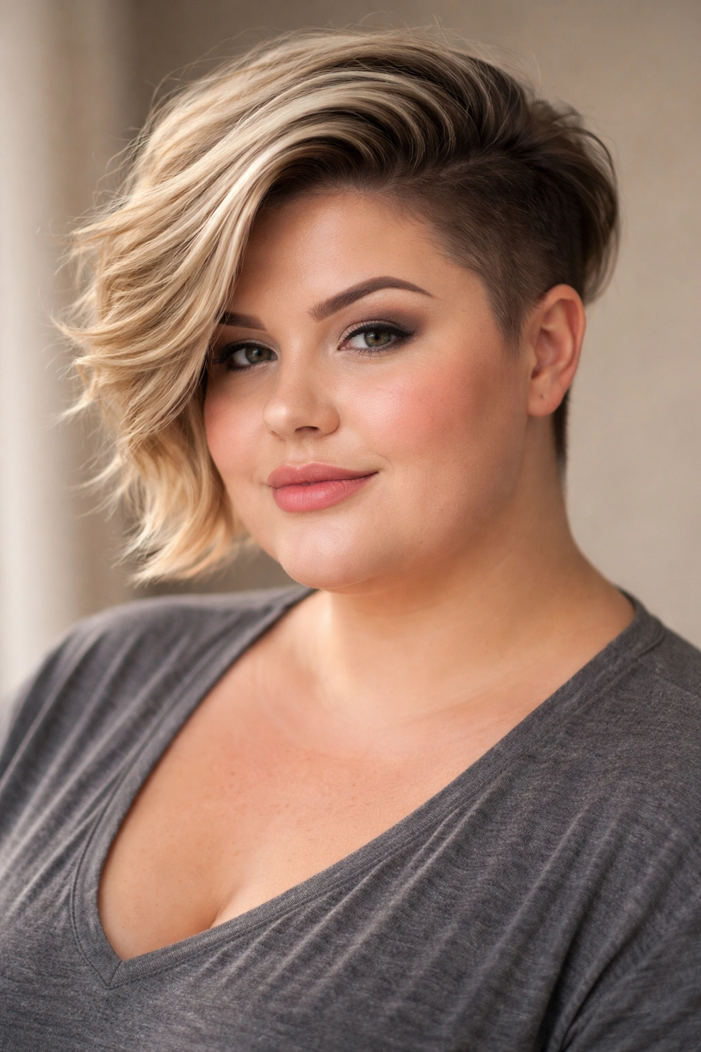15 Flattering Short Haircuts For Plus Size Women 9 Portrait of a person with side-swept short cut and hidden undercut, dramatic top sweep.
