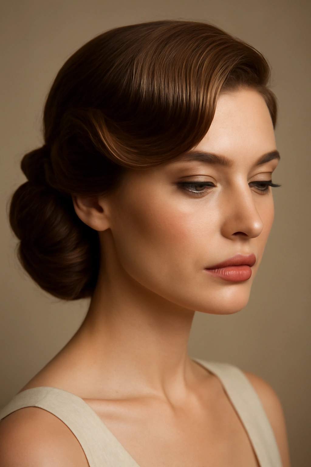 10 Elegant Updos for Weddings and Formal Events 7 Close-up of a woman with dramatic side-swept vintage waves updo, bridal hairstyle
