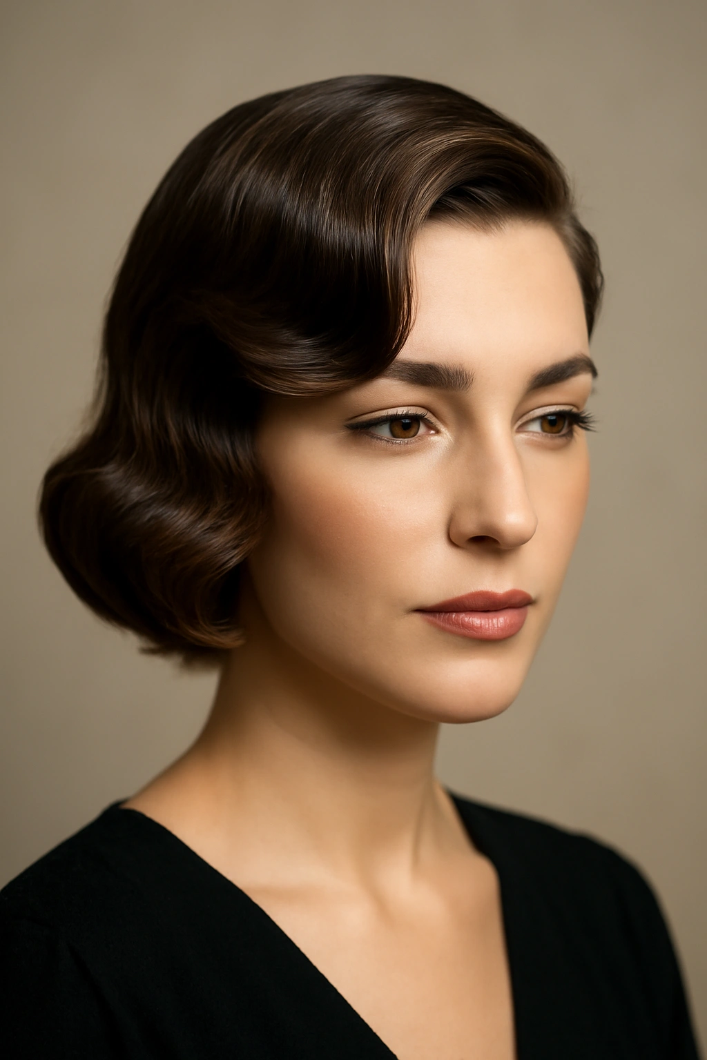 10 Graduation Day Hairstyles for Short-Haired Women 8 Portrait of short hair with side-swept vintage waves and polished shine