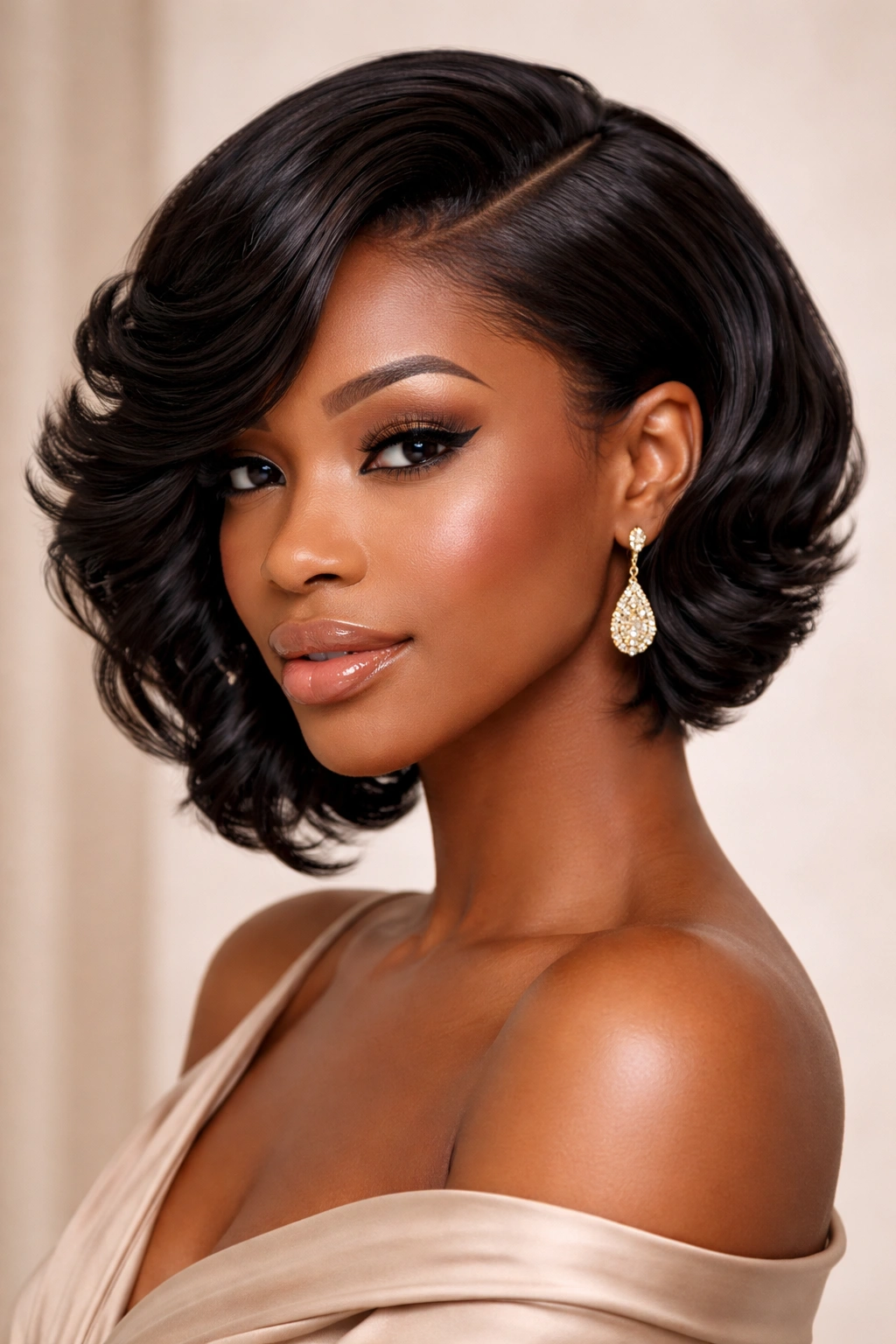 Close-up of The Side-Swept Short Wave Weave featuring a deep side part and glossy waves