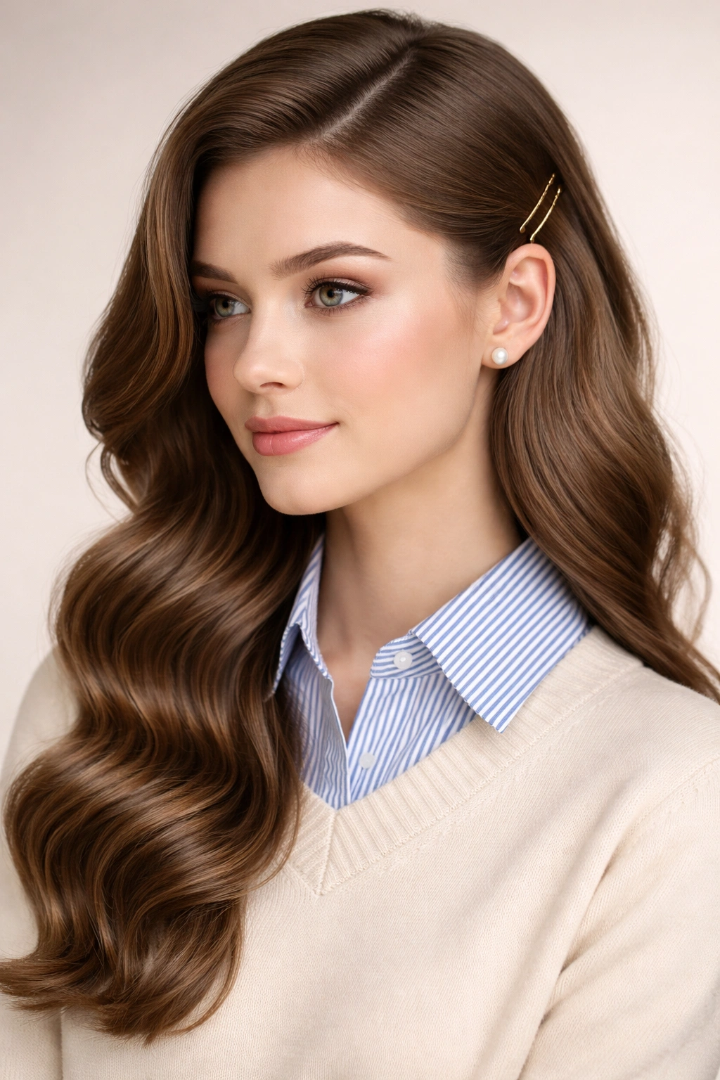 Deep side part with loose waves swept to one shoulder and pinned behind the ear
