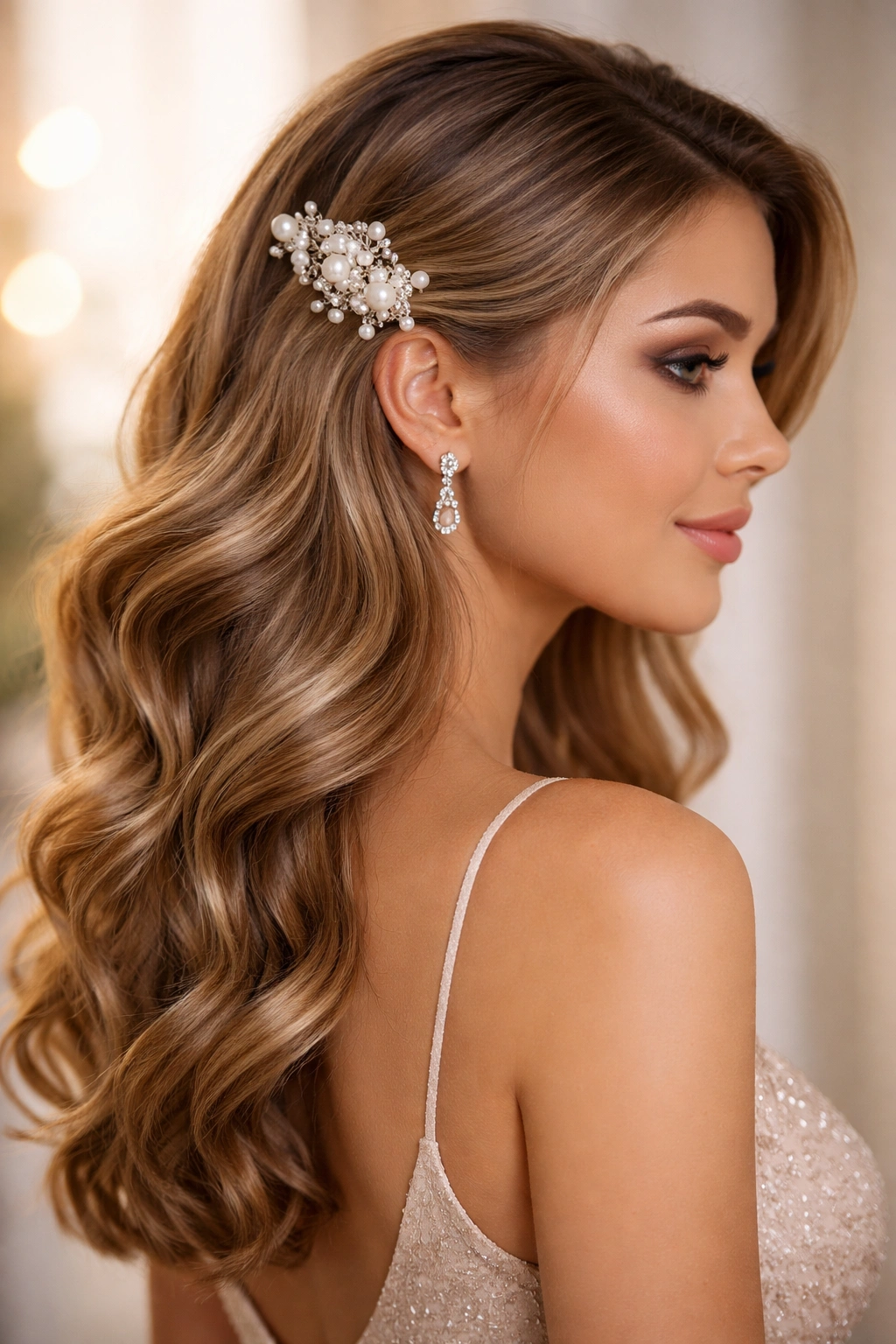 Side-swept waves with a pearl hair clip ornament on a model