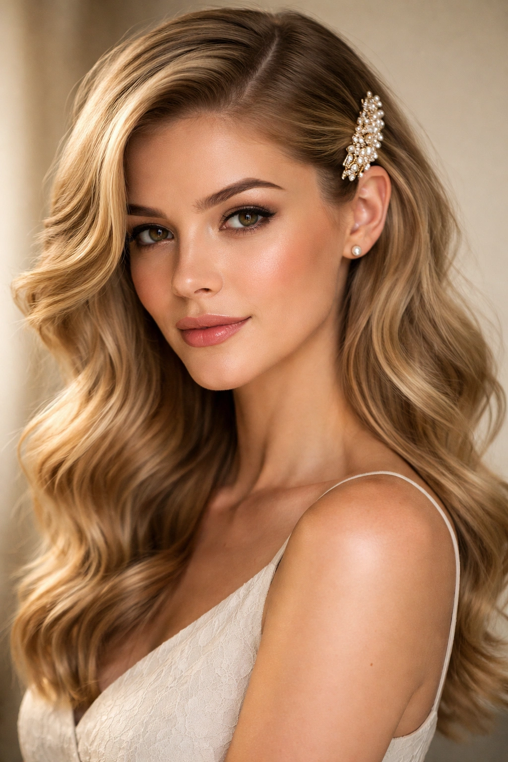 Close-up of side-swept wavy hair with a decorative clip
