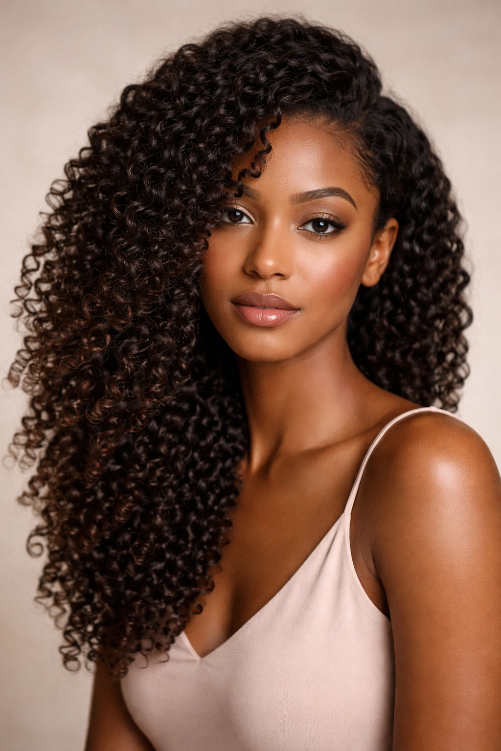 Close-up of a coily hairstyle swept to one side with defined waves over the shoulder.