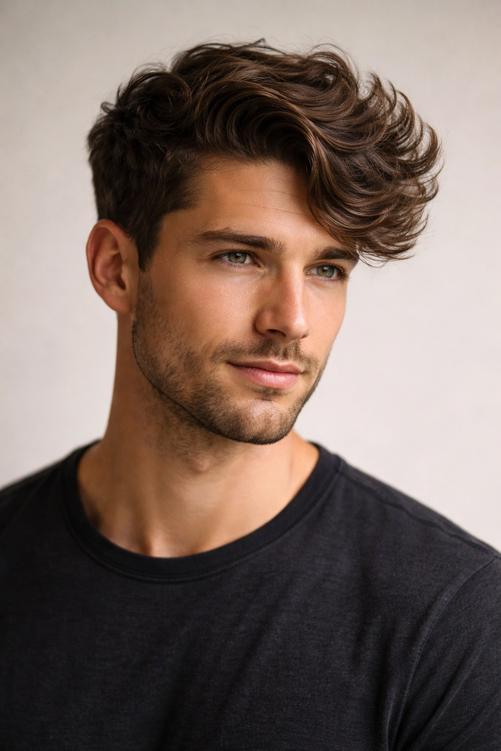 Close-up of a man with loose side swept waves, top 2-3 inches, tapered sides