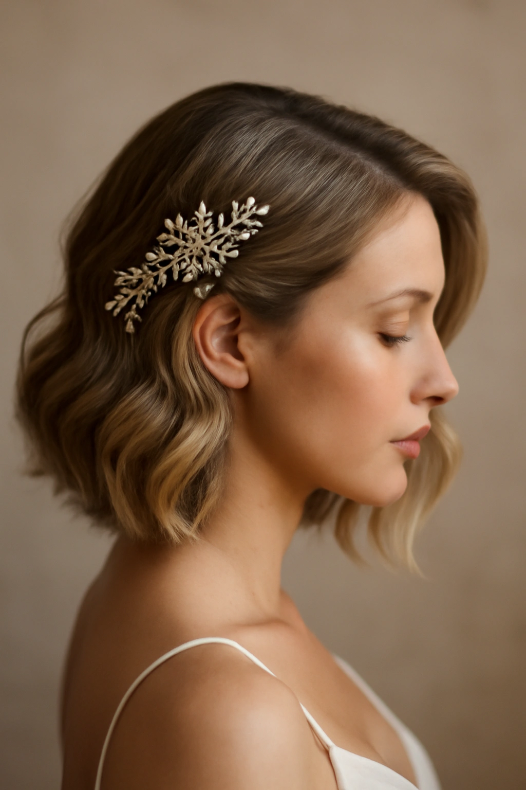 10 Short Bridal Hairstyles That Photograph Beautifully 5 Bridal side-swept waves with decorative comb
