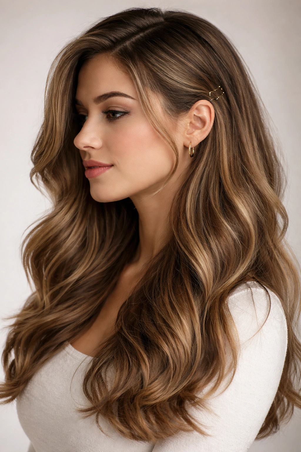 Side-swept waves with face-framing pieces cascading over one shoulder