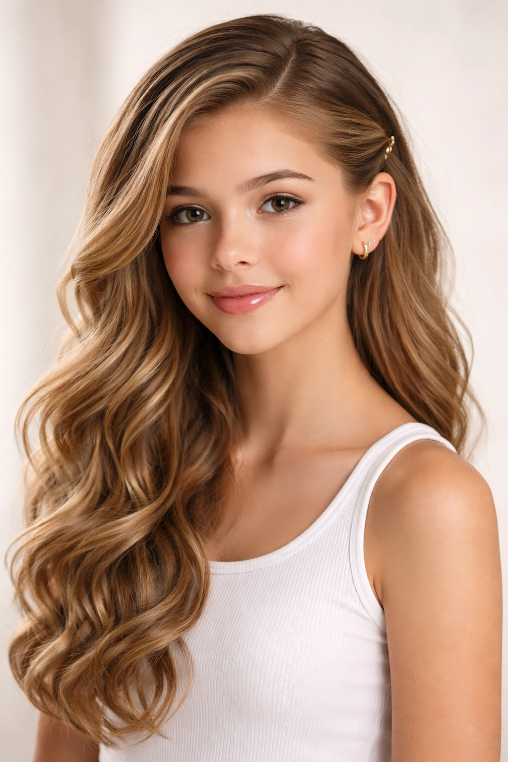 Close-up of side-swept beachy waves with one shoulder visible.