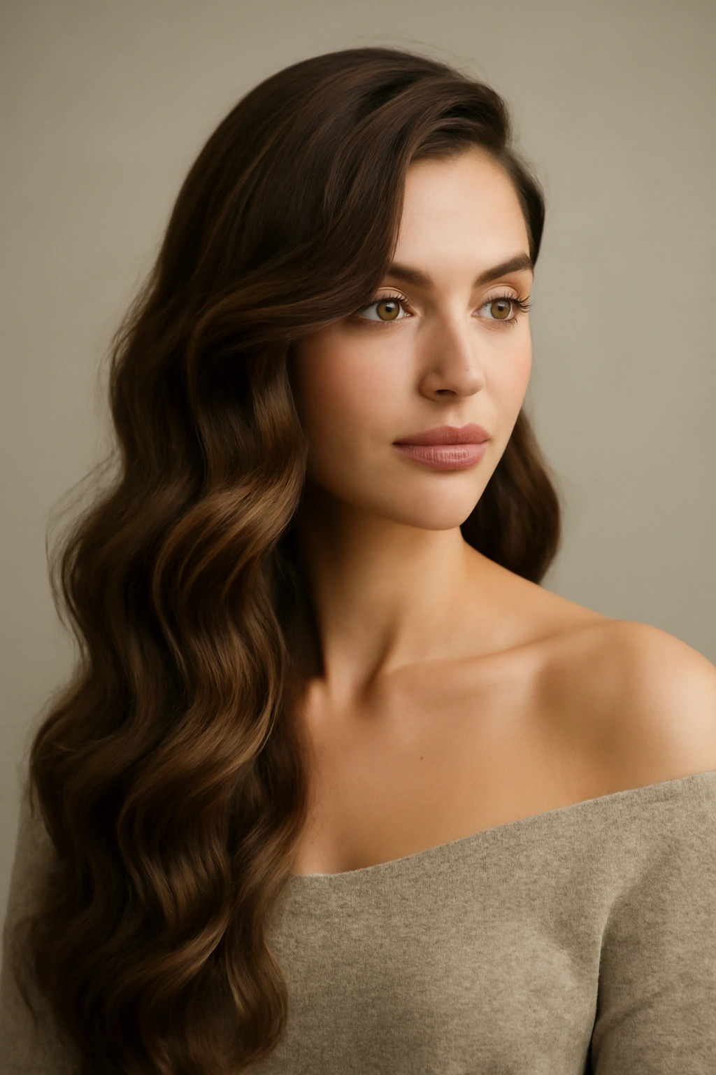 Hair swept dramatically to one side with flowing waves